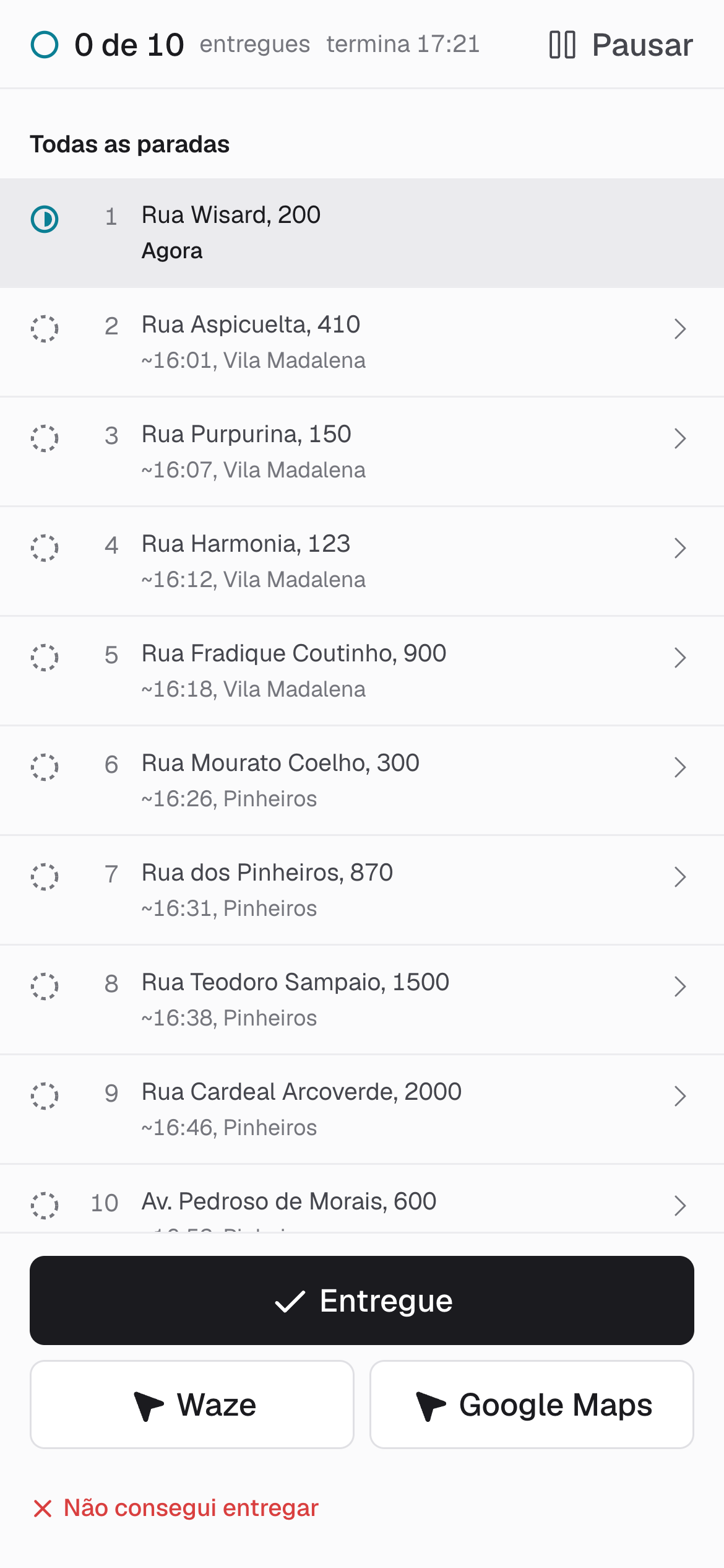Página do entregador no celular com a lista de paradas em ordem